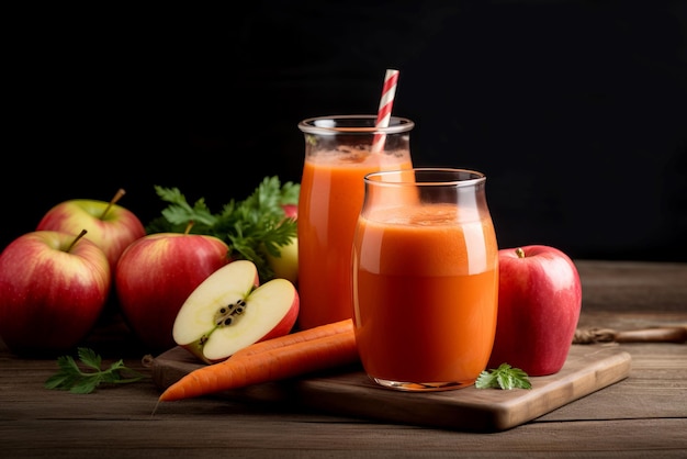 Smoothie di carota e mela, bicchiere di succo fresco, disintossicazione di foglie naturali, organico, succoso, generare Ai.