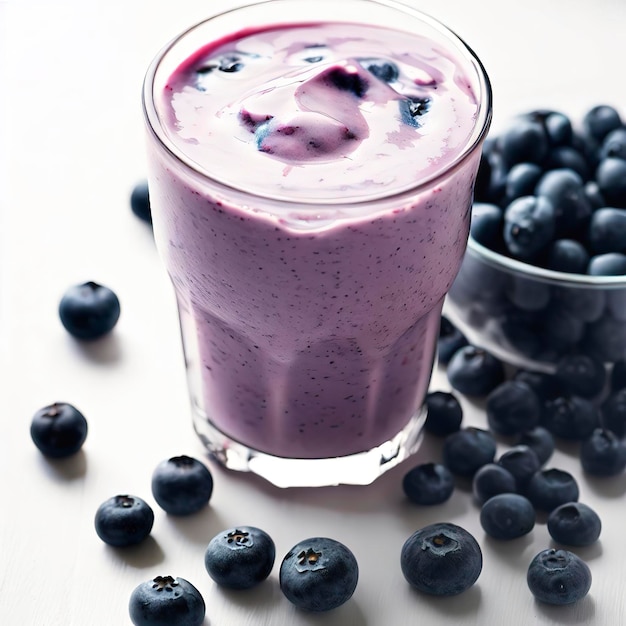 Smoothie di mirtilli fatto con mirtilli organici freschi e yogurt semplice su tavola bianca