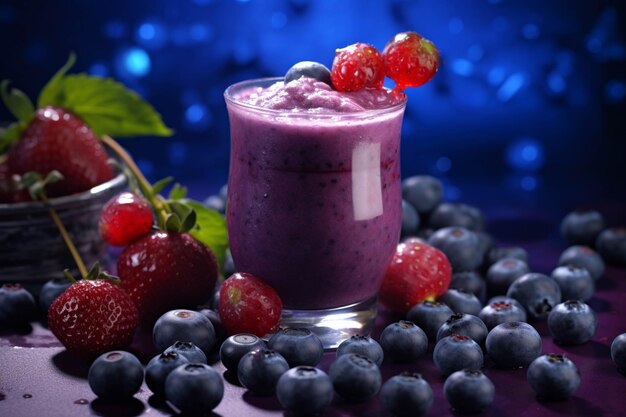 Smoothie di mirtilli in un bicchiere con bacche fresche su uno sfondo scuro