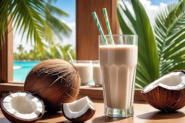 Smoothie di verdure e cocco su un tavolo di legno