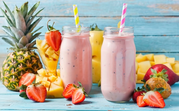 Smoothie fresco di ananas e fragole in bicchieri con frutta su uno sfondo rustico di legno blu