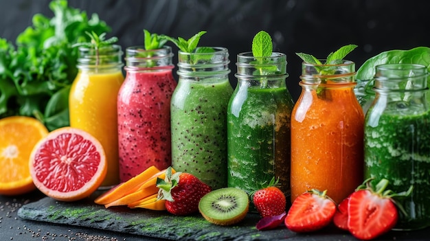 Smoothie ricchi di nutrienti in barattoli di vetro fiancheggiati da verdure e frutta AI Generative