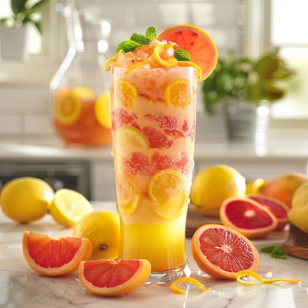 Smoothie stratificato di agrumi con pompelmo arancione e limone