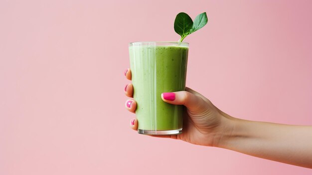 Smoothie verde in un bicchiere in mano su uno sfondo rosa