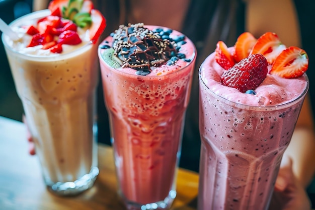 Smoothies di frutta colorati in alti bicchieri su tavolo di legno in un caffè con frutta fresca