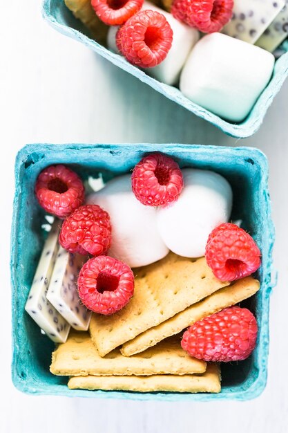 Smores con cioccolato bianco e lamponi freschi.