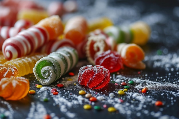 Snack di caramelle dolci su un tavolo buio all'interno