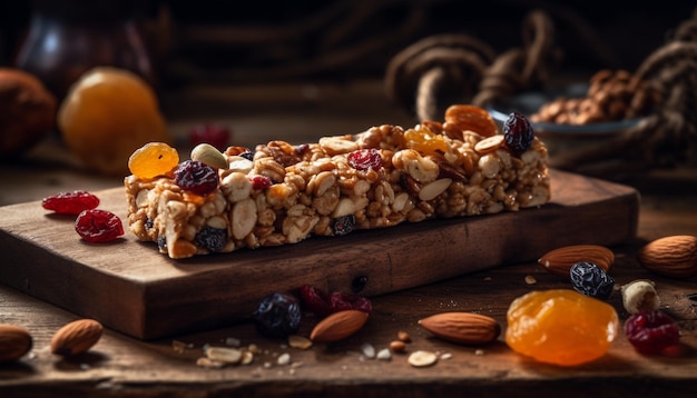 Snack di granola fatto in casa con noci e frutta generati dall'intelligenza artificiale