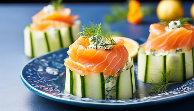 Snack salato con crema di formaggio e cetriolo al salmone affumicato