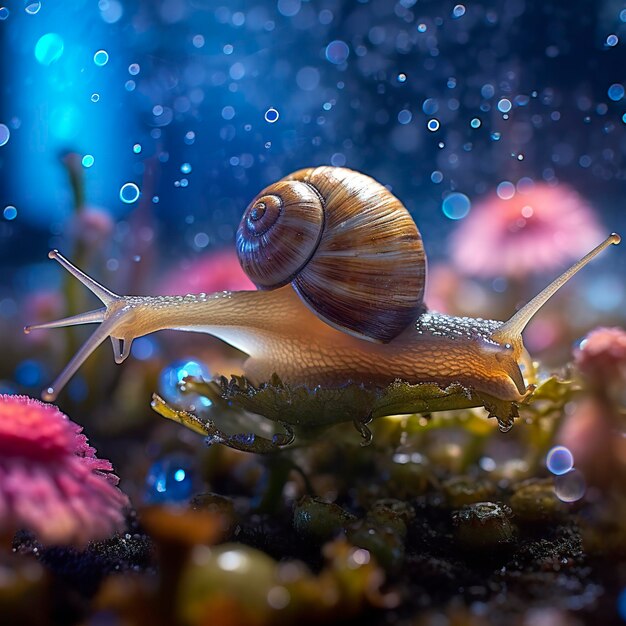 Snail iridescente in una foresta di fate Close Up di una conchiglia scintillante AI Generative