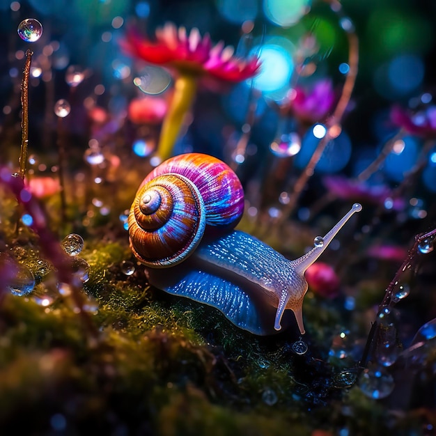 Snail iridescente in una foresta di fate Close Up di una conchiglia scintillante AI Generative