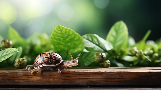 _snail_on_wood_plank_table_top_with_blur_park_green