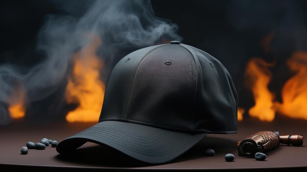 Snapback nero su sfondo di fumo scuro Cappuccio da baseball vuoto per il tuo design Cappuccio da cappello per il tuo logo identità del marchio ecc.