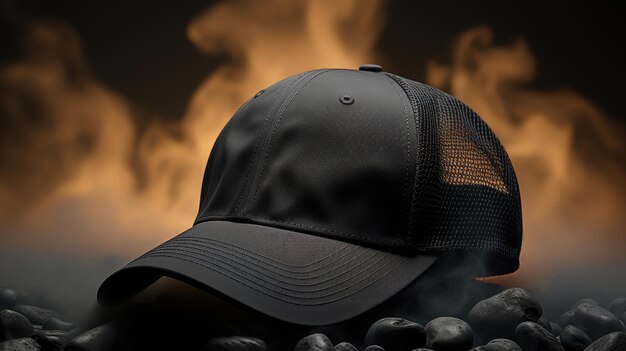 Snapback nero su sfondo di fumo scuro Cappuccio da baseball vuoto per il tuo design Cappuccio da cappello per il tuo logo identità del marchio ecc.