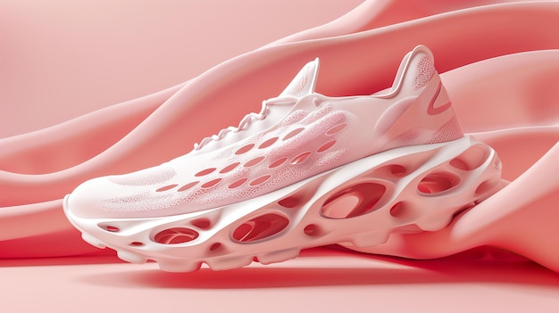 Sneaker rosa futuristico con un design unico La scarpa ha una parte superiore perforata con un disegno geometrico e una suola grossa