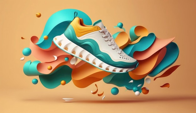 Sneakers alla moda volanti su sfondo colorato creativo Elegante concetto di minimalismo alla moda Scarpe da levitazione Genera ai