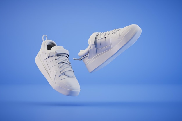 Sneakers bianche alla moda che volano su sfondo blu rendering 3D