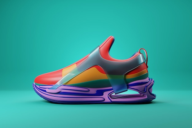 Sneakers colorate sulla suola Il concetto di sneakers luminose alla moda Rendering 3D