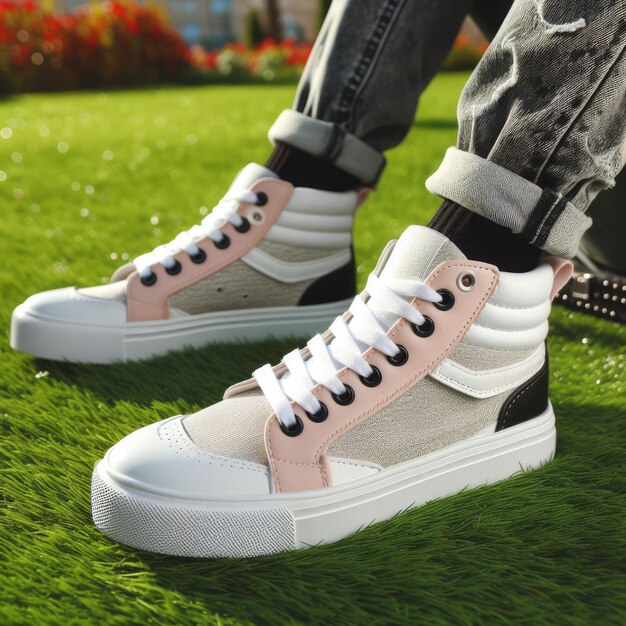 Sneakers leggeri alla moda sullo sfondo di un parco cittadino