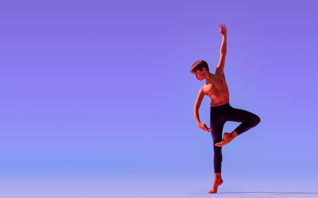 Snello ballerino adolescente ballerino balla a piedi nudi sotto una luce colorata.