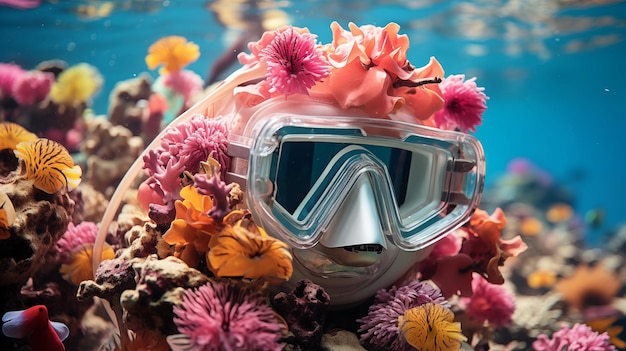 Snorkel e maschera tra fiori e coralli