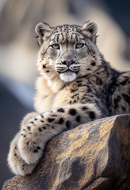 Snow Leopard su una roccia IA generativa