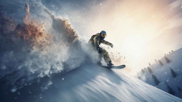 Snowboarder a cavallo sul pendio in inverno