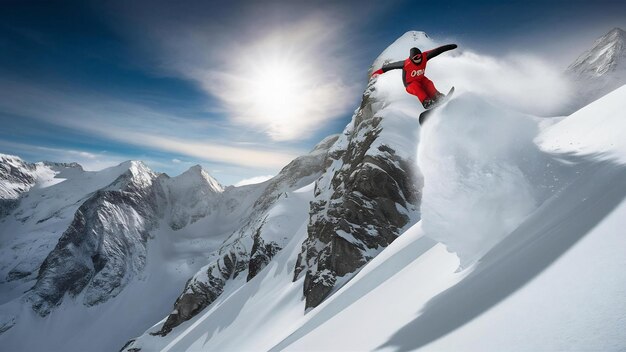 Snowboarder che salta in alte montagne in una giornata di sole