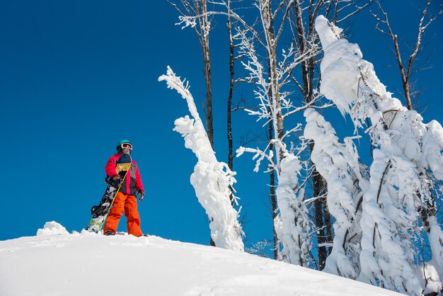 Snowboarder che sta sopra la montagna con il suo snowboard un giorno di inverno soleggiato