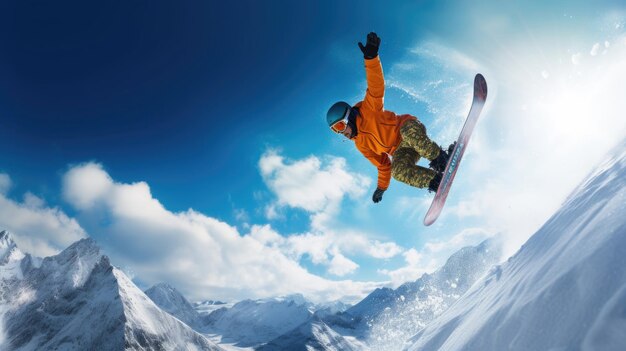 Snowboarder in aria trucco elegante cielo blu