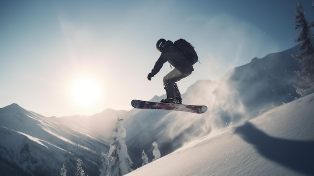 Snowboarder in un salto estremo scende dalla montagna da sci attività ricreativa sport invernali AI
