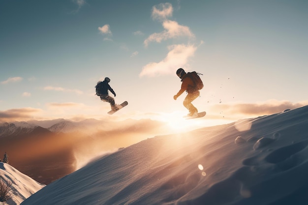 Snowboarder in un salto in una gara di alta montagna