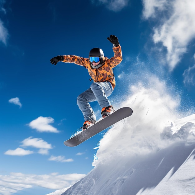 Snowboarder volante in montagna Sport invernale estremo rendering 3D