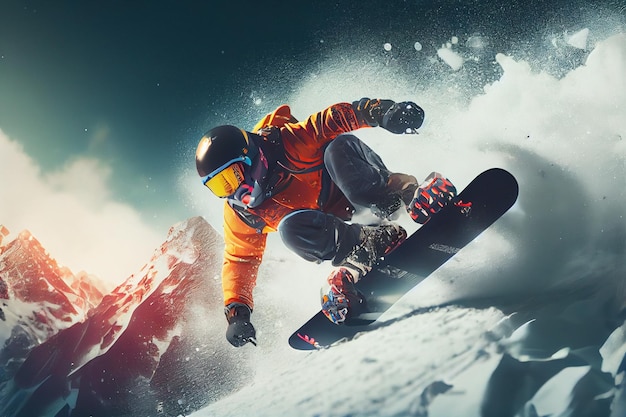 Snowboarder volante sulle montagne Sport invernali estremi IA generativa