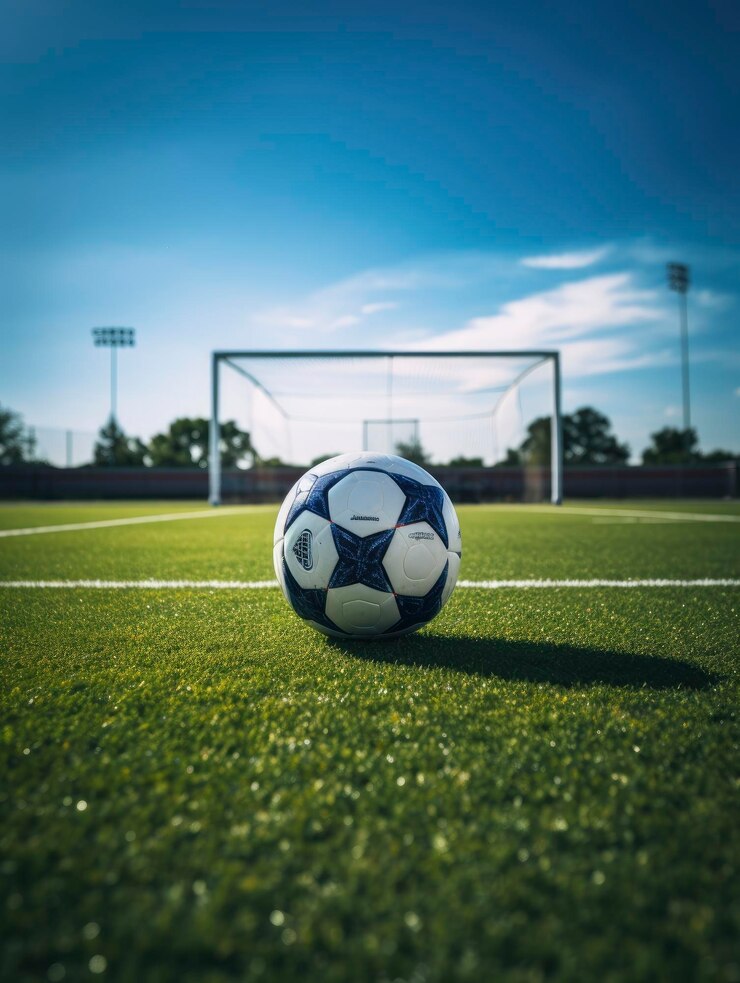 Soccer ball on a field near the gates