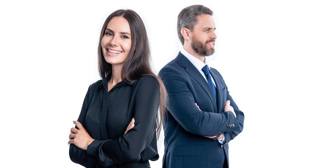 Soci d'affari positivi in studio coppia di soci d'affari in abiti da cerimonia foto di soci d'affari professionisti soci d'affari isolati su sfondo bianco