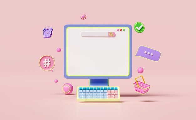 social media con icone di monitor del computer bolle di chat 3d segni di spunta isolati su sfondo rosa applicazioni di comunicazione seo online modello sociale concetto di rendering 3d illustrazione