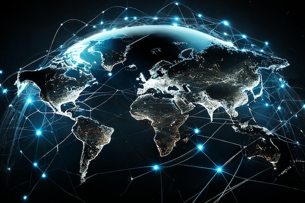 Social media il globo e luci incandescenti La rete globale di Internet