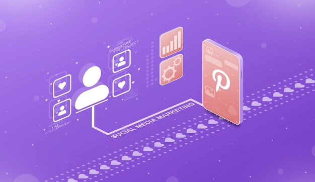 Social media marketing and user activity in phone with Pinterest logo 3d