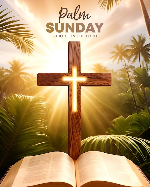 Social Media Palm Sunday Flyer con croce e Bibbia aperta