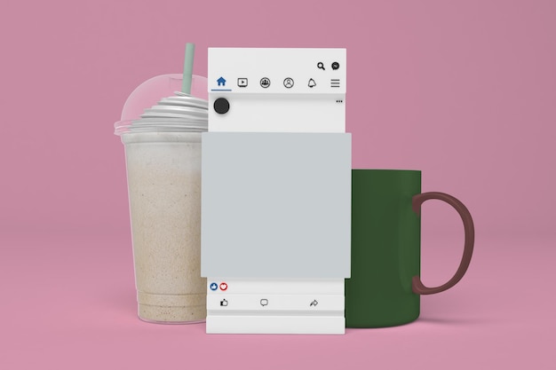 Social Media Post e tazze di caffè sul lato anteriore su sfondo rosa