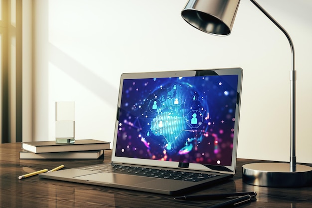 social network media concept with world map on modern computer monitor 3d rendering