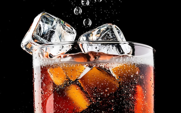 Soda in un bicchiere su uno sfondo nero con cubetti di ghiaccio e gocce vicino
