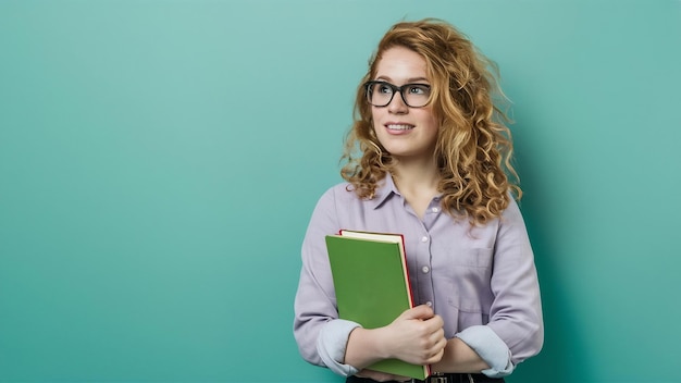 Soddisfatta donna rossa in camicia con i libri in mano e che guarda da un'altra parte