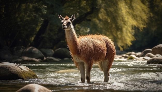 Soffici alpaca che pascolano in un prato rurale generato dall'intelligenza artificiale