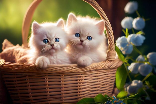 Soffici gattini bianchi seduti in un cesto di vimini AIxA generativa
