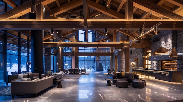 soffitto arafed con travi di legno e un bar in una grande stanza generativa ai