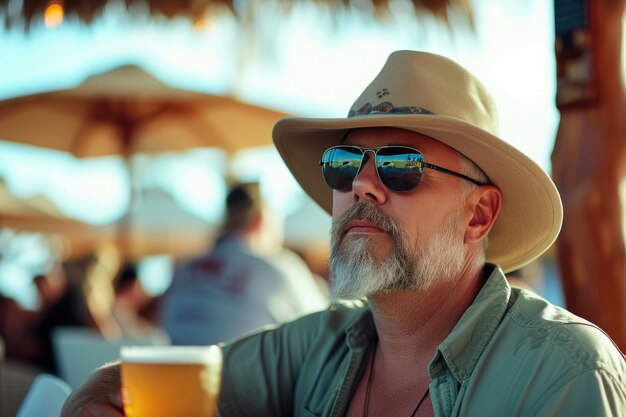 Sofistica sulla spiaggia Uomo che indossa un cappello che si gode una bevanda
