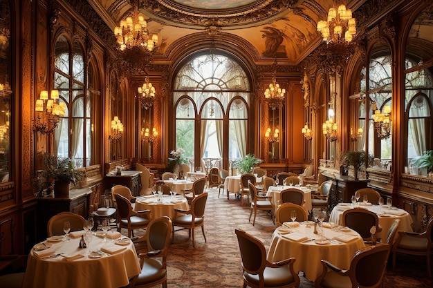 Sofisticato ristorante Belle Epoque a Parigi adornato con lampadari di cristallo e accenti dorati dove gli ospiti si abbandonano alla raffinata cucina francese illustrazione ai generativa