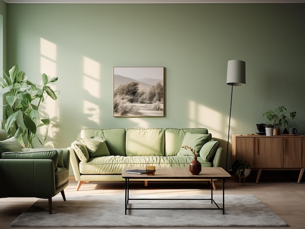 Sofisticato soggiorno verde caratterizzato dalla natura AI Generative